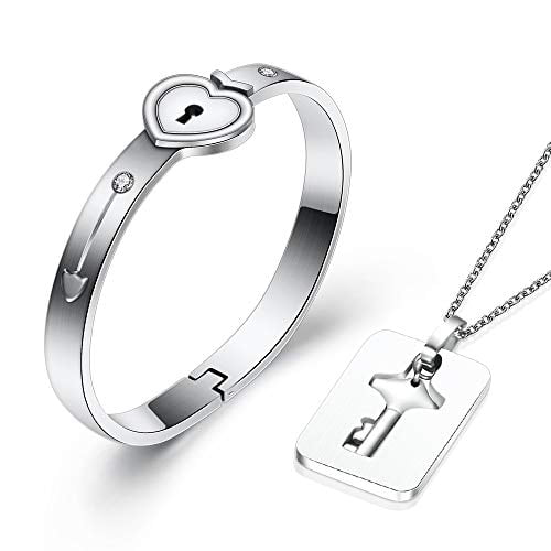 His Hers Love Heart Key Lock Macthing Bangle Bracelets  Lovers Jewelry Set Gifts